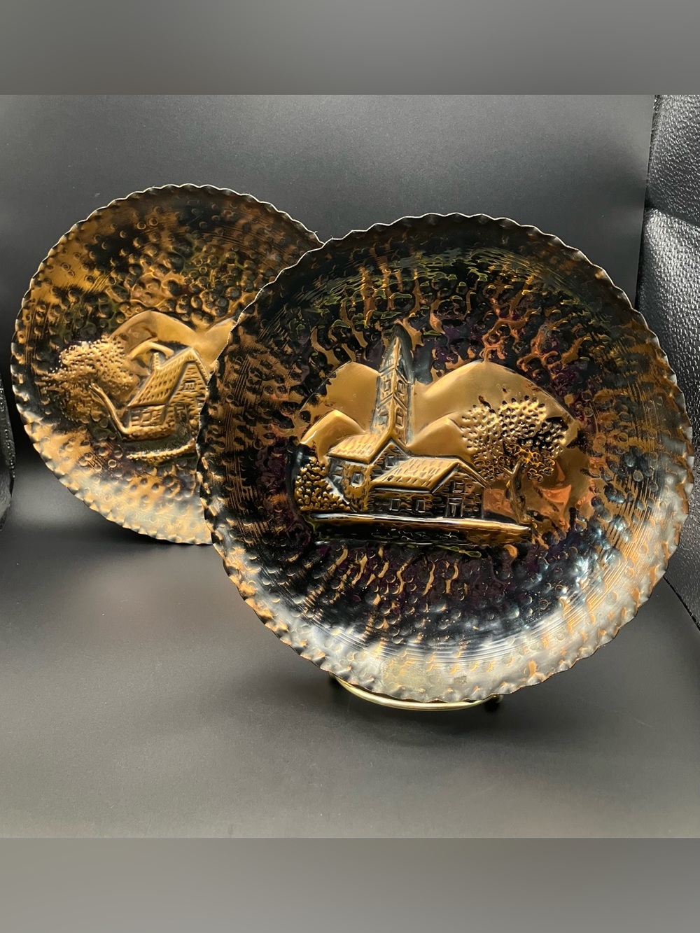 Vintage Cooper Italy Hammered Decorative Wall Plates with Village Relief